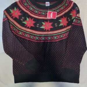 Vng Holiday TimeBlack Ugly Christmas Sweater - Beaded Red Poinsettias, Sparkle
